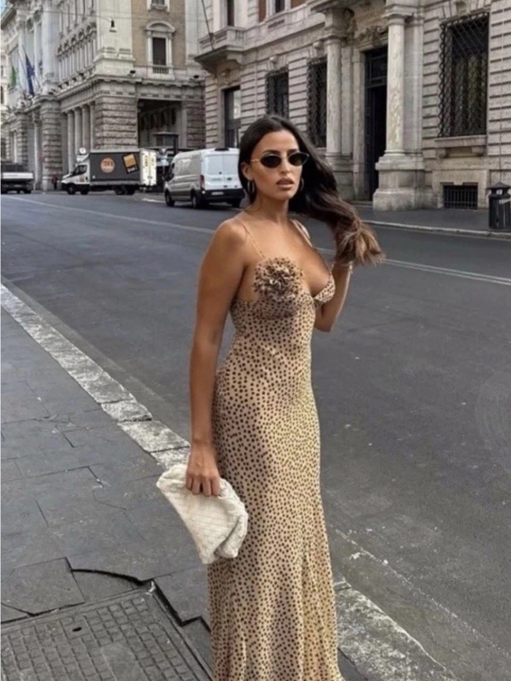 Zara Beige Polka Dot Maxi Dress with Floral Shoulder Detail - Picture 4 of 7